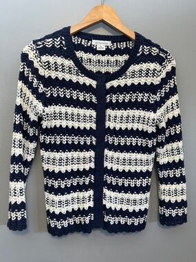 Liz Claiborne Navy & White Open-Weave Striped Cardigan cotton blend knit S